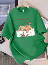 Damen-T-Shirt „Always Tired“ mit minimalistischem Schlafkatzen-Print aus 100 % Baumwolle und lockerem Schnitt