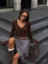 Strickwaren Damen V-Ausschnitt Langarm 透かし Netz Crop Top