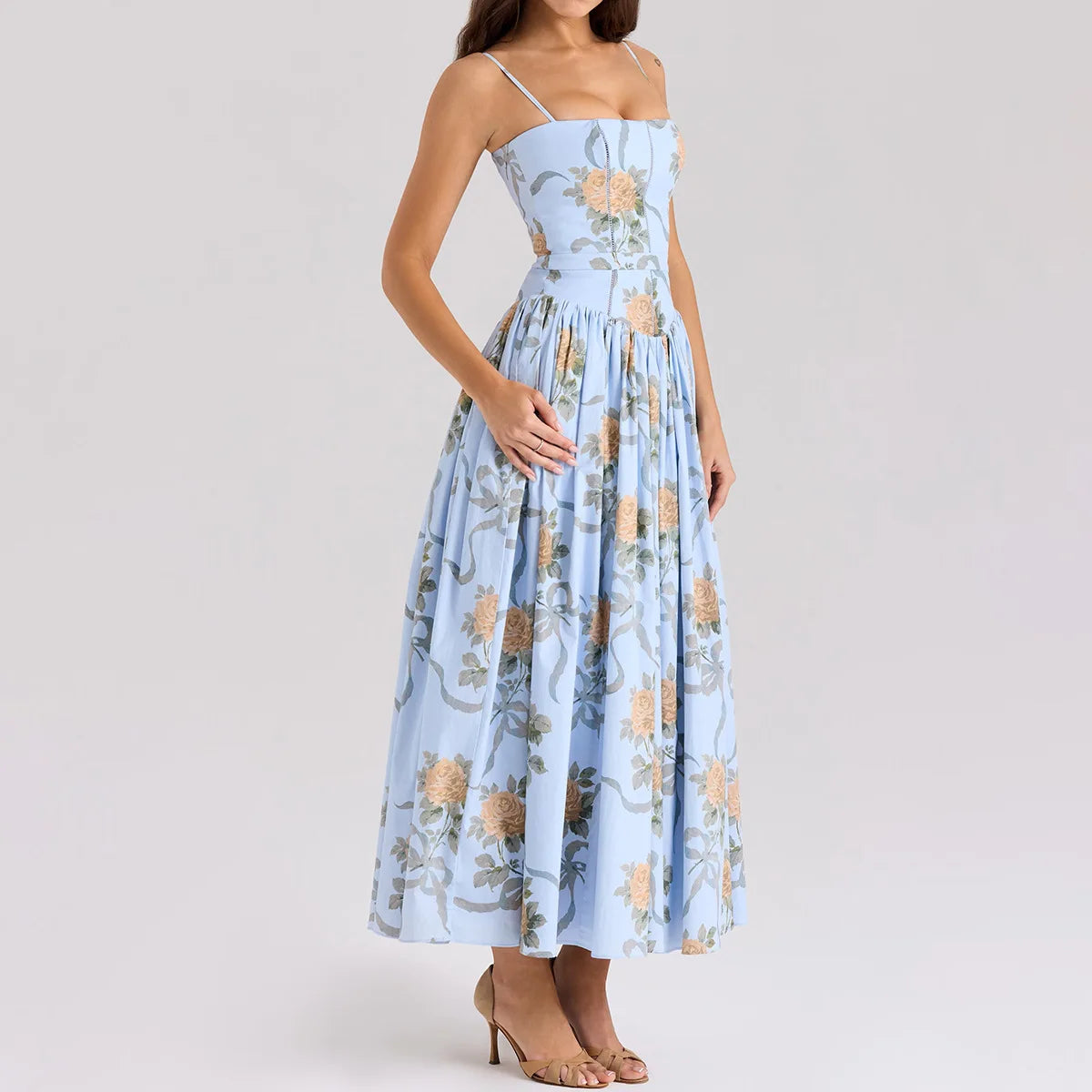 Women's Elegant Blue Floral Print Midi Dress