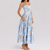 Women's Elegant Blue Floral Print Midi Dress