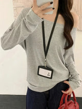 Women’s Off-Shoulder Long Sleeve T-Shirt – Solid Color Casual Slim Fit Top