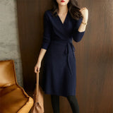 Elegant Knit Sweater Dress V-Neck Wrap Style Loose Long Dress for Autumn Winter