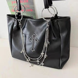Women’s Large Gothic Black Tote Bag – Y2K Grunge Chain Shoulder Bag