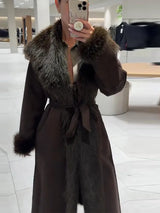 Women’s Brown Faux Fur Patchwork Long Jacket – Elegant Belted Lace-Up Overcoat