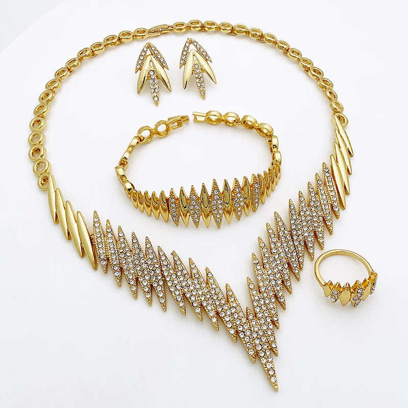 Luxuriöses 4-teiliges Schmuckset in Goldfarbe für Damen – Elegantes Set aus Halskette, Armband, Ring und Ohrringen