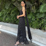 Women’s Elegant Polka Dot Long Dress – Luxury Scarf Ribbon Halter Gown