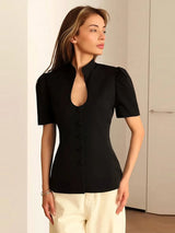 Women’s Stand Collar Short Puff Sleeve Blazer Shirt – Solid Black Single Breasted Blouse