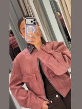 Damen Pinke Cordjacke mit Reißverschluss und langen Ärmeln