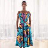 Afrikanisches Ankara-Print Carmen-Kleid | Traditionelle trägerlose afrikanische Kleidung