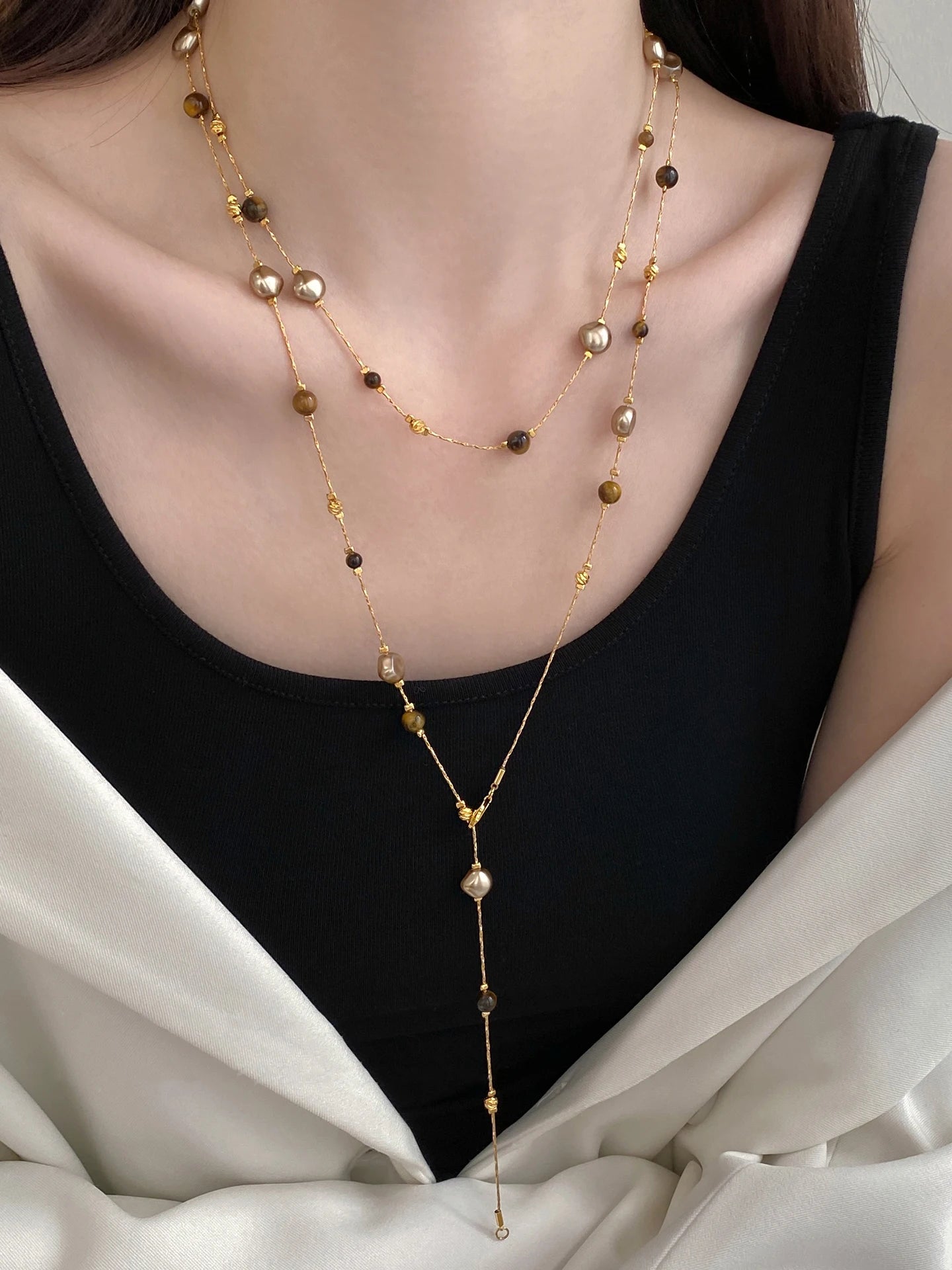 Long Tiger Eye Stone & Pearl Beaded Necklace for Women – Elegant Sweater Chain Necklace