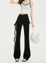 Damen Jeans mit Spitzenbesatz im Fake Two-Piece Design | Jeansrock in Mikro-Schlaghose-Optik