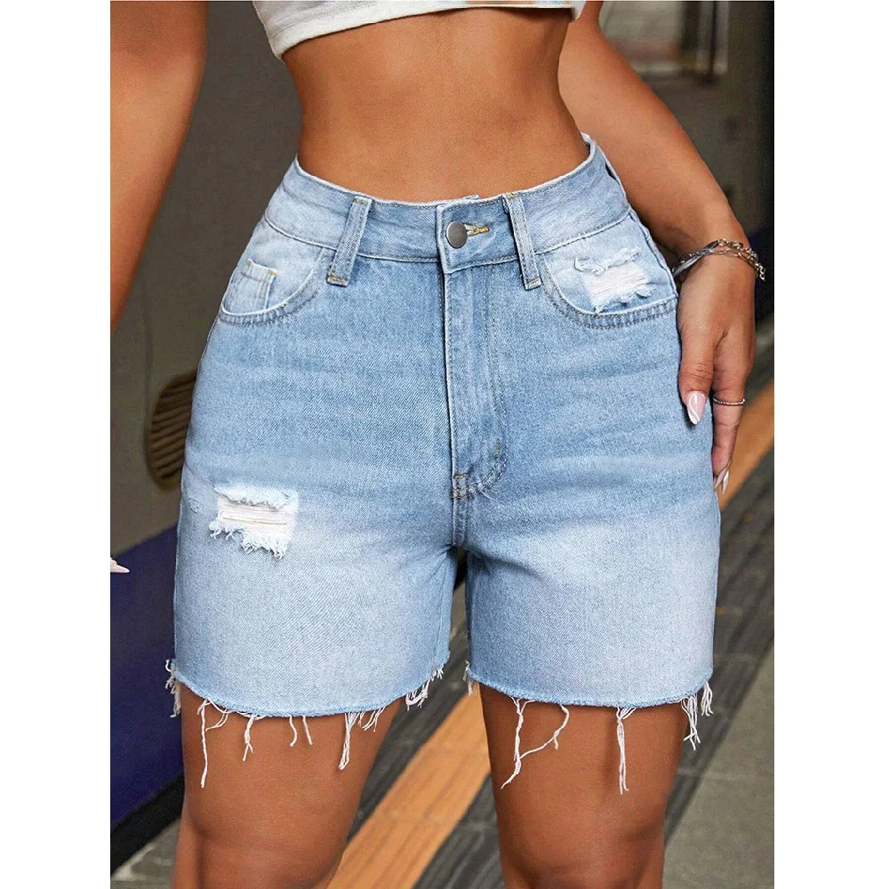Damen Sommer Street Denim Shorts Hohe Taille Zerrissene Loch Stretch Jeans Shorts Hose