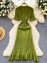 Damen Sommer-Strickkleid Meerjungfrau – V-Ausschnitt Knopfdetails Slim Fit Sommerkleid