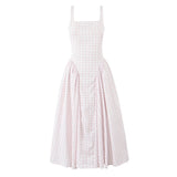 Lace-Up Bandage Plaid Sling Dress – Women’s Elegant Square Neck Low Waist A-Line Midi