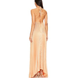 Women's Elegant Pleated Halter Evening Dress – Sexy Hollow-Out Backless Party Gown