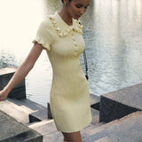Ruffled Knitted Mini Dress for Women | High Waist Short Sleeve Bodycon Dress