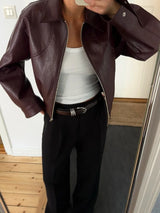 Female High Street Fashion: Retro Wine Red Faux Leather Jacket with Lapels (2025)
