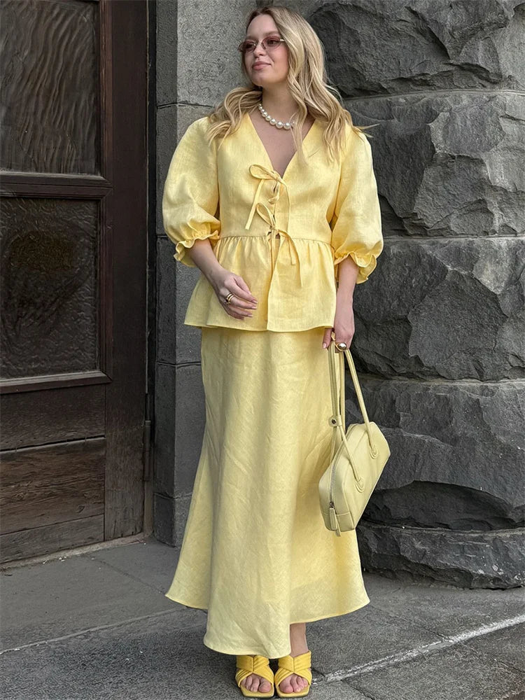 Women’s V-Neck Lace-Up Short Sleeve Crop Top & Slim High Waist Long Skirt Set