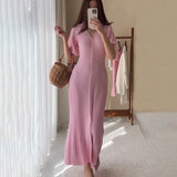 Women’s Knit Puff Sleeve Long Dress – Elegant V-Neck Single-Breasted Midi Dress