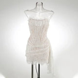 Women’s Sexy Strapless Lace Mini Dress – Sheer Patchwork High Waist Evening & Party Dress