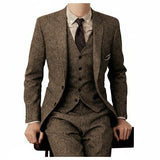 Herren 3-teiliger Tweed-Anzug – Slim Fit Business-Anzug, Gentleman Hochzeitsanzug Blazer, Weste & Hose