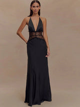Damen Sexy Neckholder-Maxikleid aus Spitze mit tiefem Ausschnitt – rückenfreies Patchwork-Abendkleid