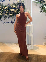 Damen Sexy Satin-Maxikleid mit Cut-Outs – Tailliertes Partykleid mit hoher Taille