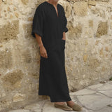 Herren langes Baumwolle Leinen Jubba Thobe – V-Ausschnitt Muslim Arabisch Islamischer Kaftan