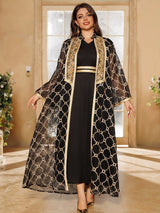 Muslim Women’s 2-Piece Abaya Set | Embroidered Open Cardigan with Inner Dress
