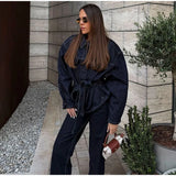 Damen 2-teiliger Denim-Anzug – Y2K Schnür-Reversjacke & Straight Leg Jeans Set