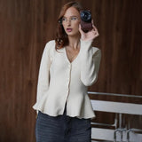 Women’s Ruffled Knit Cardigan – Elegant V-Neck Slim Fit Sweater