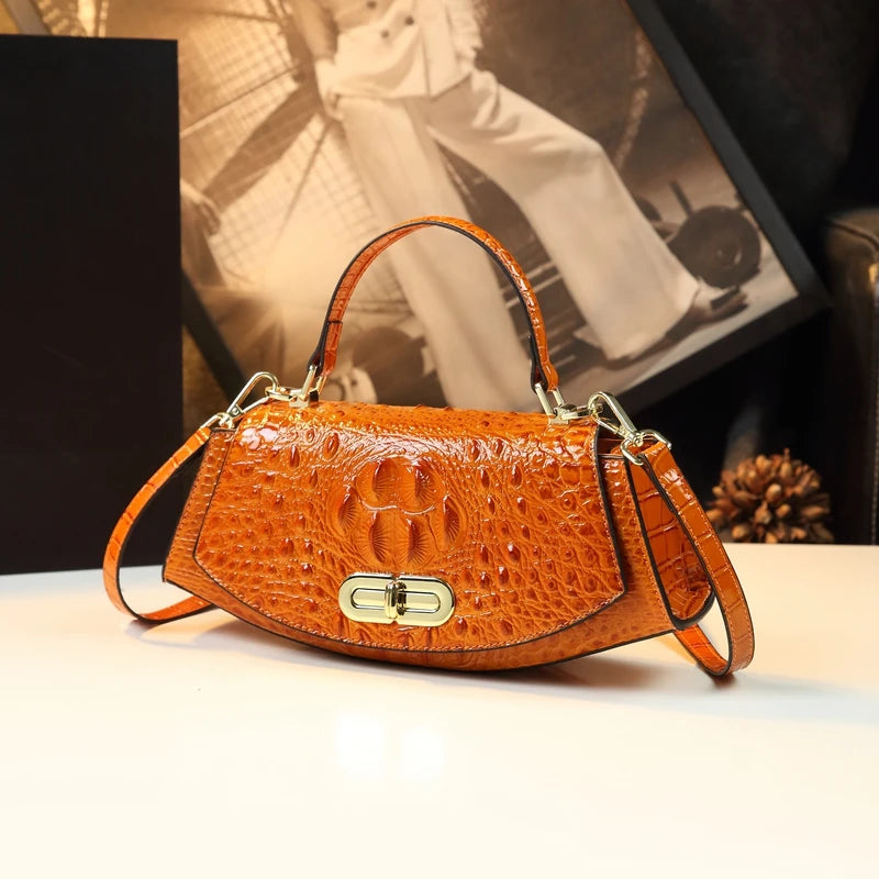 Luxury Crocodile Pattern Saddle Bag | Genuine Leather Small Shoulder Bag