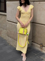 Damen Rüschen Strick Maxikleid – Sexy V-Ausschnitt Rückenfreies Abendkleid