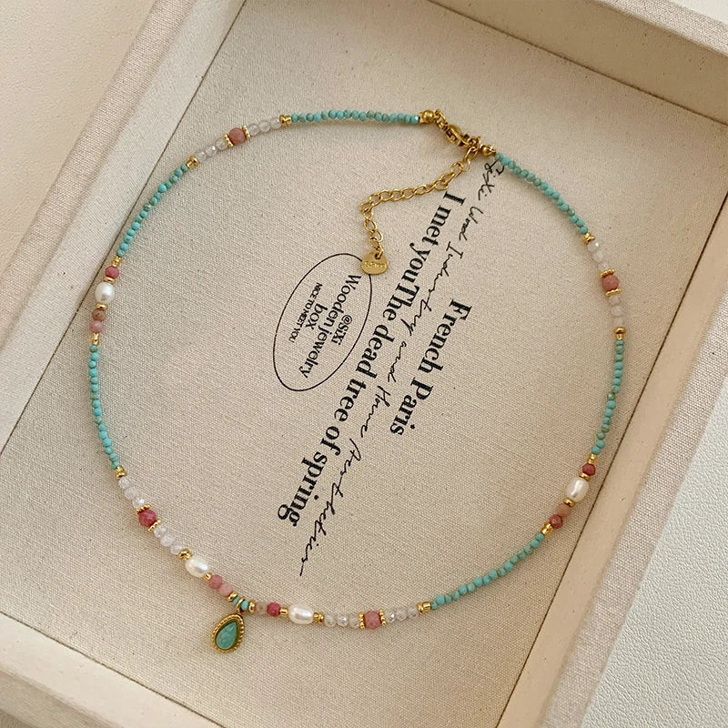 Natural Stone & Pearl Beaded Necklace – Water Droplet Pendant Clavicle Chain
