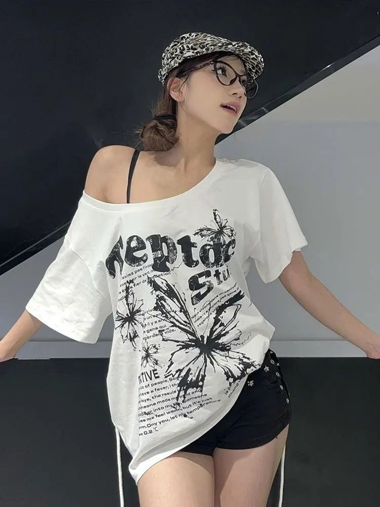 Women’s 100% Cotton White Butterfly T-Shirt – Y2K Vintage Oversized Off-Shoulder Short Sleeve Summer Top