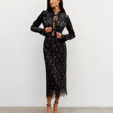 Women’s 2-Piece Vintage Dress Set – Lace-Up Print Blouse & Lace Midi Skirt Set