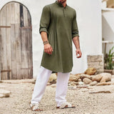 Men’s Cotton Linen Muslim Shirt – Long Sleeve Stand Collar Robe