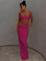 Sexy 2 Piece Vacation Outfits for Women – Pleated Crop Cami Top & Shirring High Waist Maxi Skirt Set