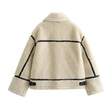 The Aspen Aviator: Beige Integrated Artificial Fur Moto Jacket – European Luxury Faux Fur Biker Coat