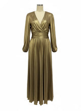 Damen goldenes, langärmeliges, plissiertes V-Ausschnitt-Kleid – Elegantes Kleid für Hochzeit, Abschlussball und festliche Anlässe