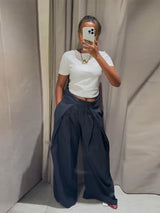 Damen lässige gestreifte weite Hose – High Waist plissierte gerade Hose