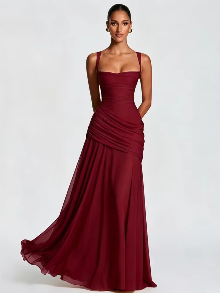 Women’s Solid Square Neck Pleated Sling Dress