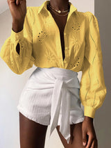 Damen-Hohlsaum-Bluse mit Puffärmeln – Freizeit-Lockers Hemd, Einfarbig