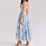 Women's Elegant Blue Floral Print Midi Dress