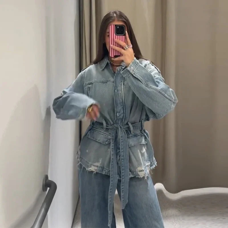 Blue Belted Denim Jacket for Women | Lace-Up Full Sleeve Lapel Coat