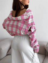 Damen Elegantes Patchwork-Oberteil mit Revers, lockeres rosa Hemd mit Kontrast-Langarm