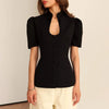 Women’s Stand Collar Short Puff Sleeve Blazer Shirt – Solid Black Single Breasted Blouse