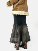 Damen Schwarzer Jeansrock mit Farbverlauf im Meerjungfrauen-Stil | Hochtaillierter Maxi-Jeansrock mit offener Kante