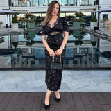Damen Sexy Hohlspitze Kleid – Elegantes Kurzarm-Kleid mit Druck, hoher Taille und schmaler Passform für Sommerpartys