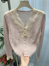 Women’s Elegant Lace Patchwork Cardigan – Chic V-Neck Slim Knit Sweater